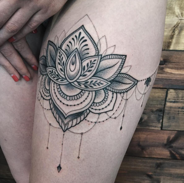 Cool Dotwork Lotus Flower Tattoo On Girl Left Thigh