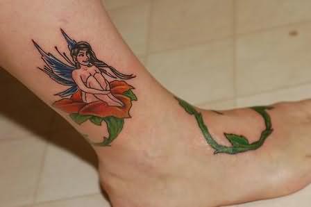 Cool Fairy On Flower Tattoo On Right Ankle