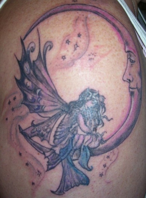 Cool Fairy On Half Moon Tattoo Design For Shoulder