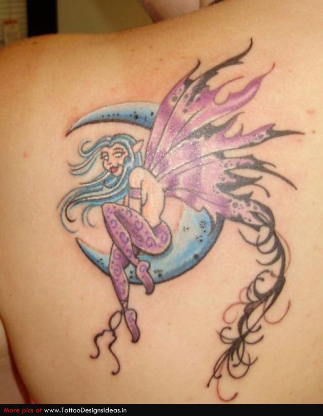 Cool Fairy On Half Moon Tattoo On Left Back Shoulder