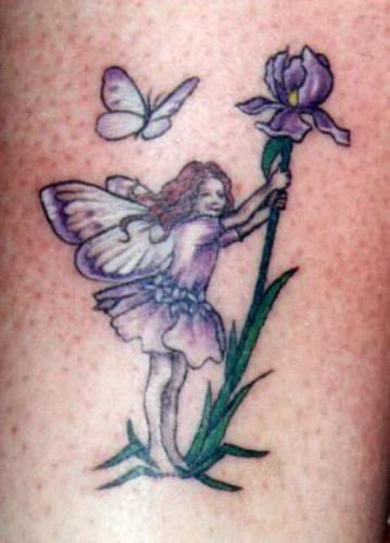 Cool Fairy With Flower And Butterfly Tattoo Design For Girl