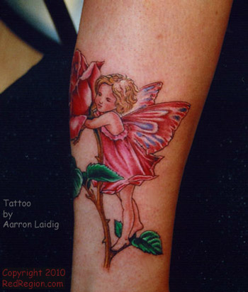 Cool Fairy With Flower Tattoo Design For Leg