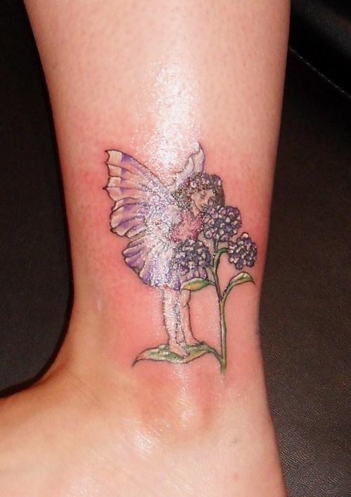 Cool Fairy With Flowers Tattoo Design For Ankle