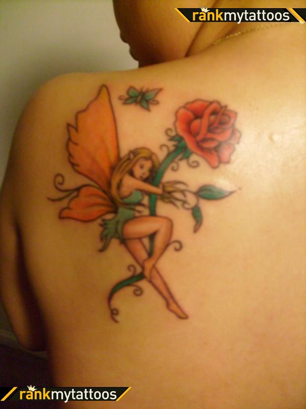 Cool Fairy With Rose And Flying Butterfly Tattoo On Left Back Shoulder