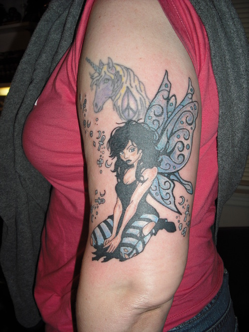 Cool Fairy With Unicorn Tattoo On Women Left Half Sleeve