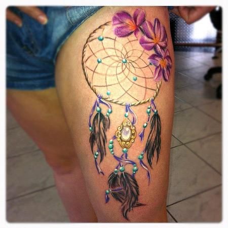 Cool Flowers And Dreamcatcher Tattoo On Left Thigh
