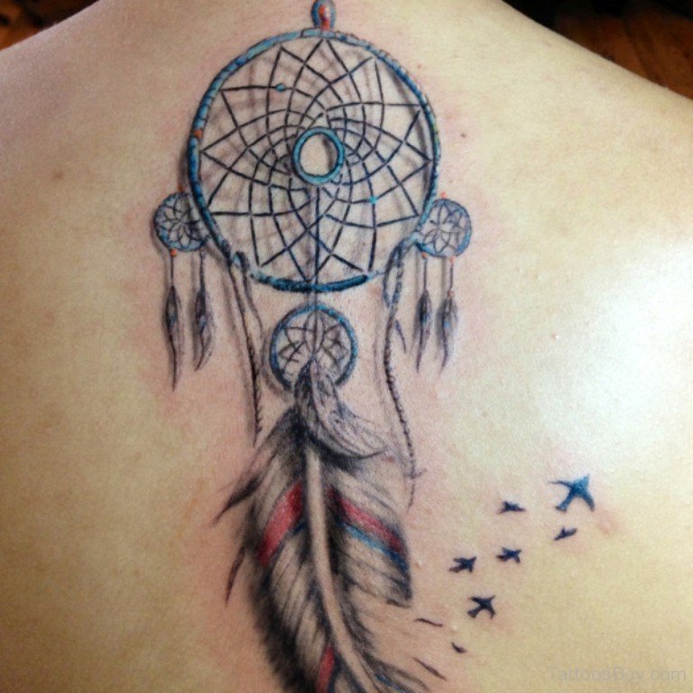 Cool Flying Birds And Dreamcatcher Tattoo On Back