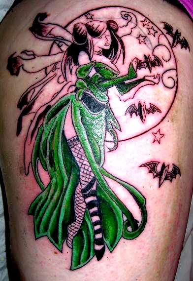 Cool Gothic Fairy With Moon And Flying Bats Tattoo On Shoulder