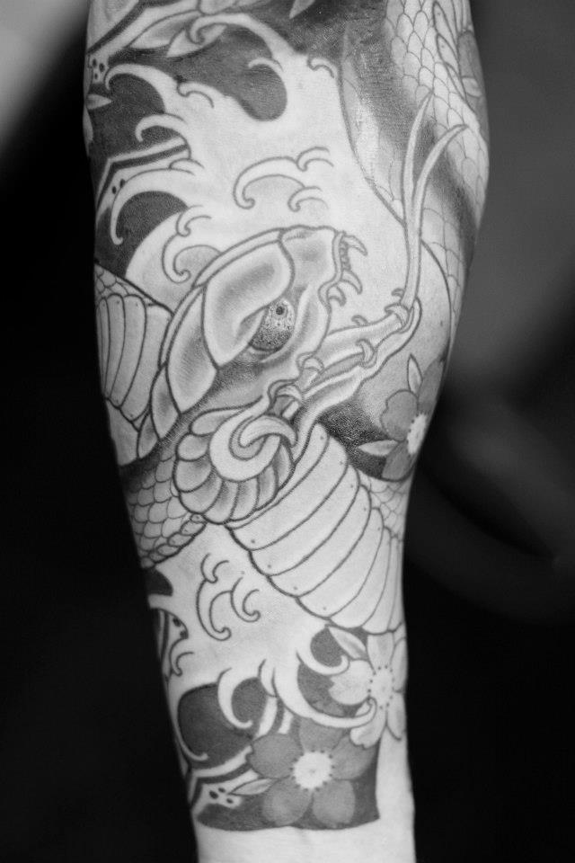 Cool Grey Ink Snake With Flowers Tattoo Design For Sleeve By Taki Tsan