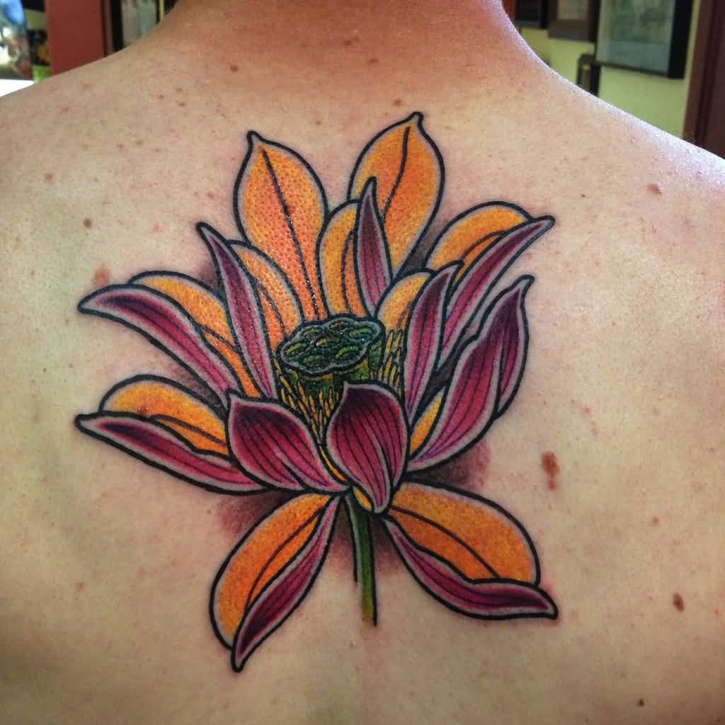 Cool Japanese Lotus Flower Tattoo On Man Upper Back