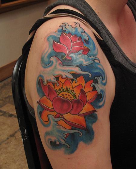 Cool Japanese Lotus Flowers Tattoo On Man Right Shoulder
