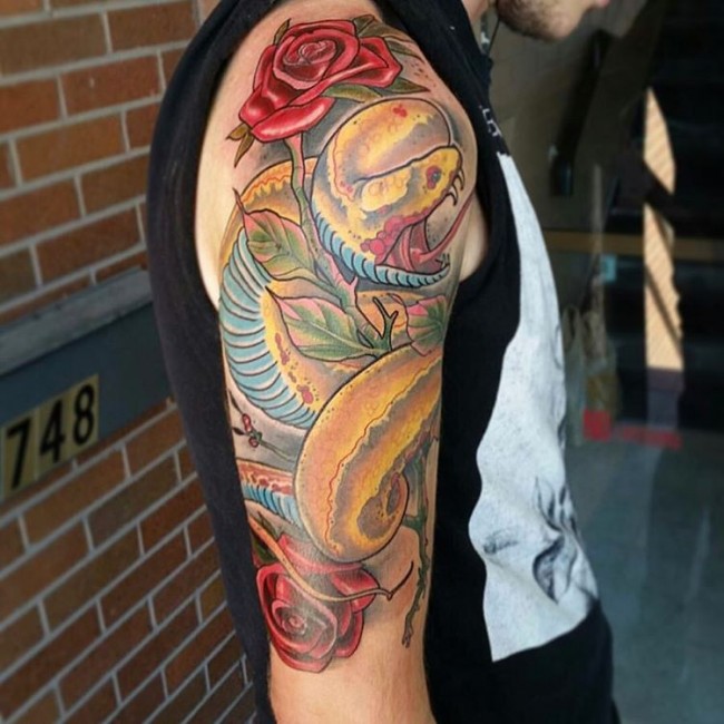 Cool Japanese Snake With Roses Tattoo On Right Half Sleeve