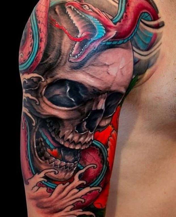 Cool Japanese Snake With Skull Tattoo On Right Half Sleeve