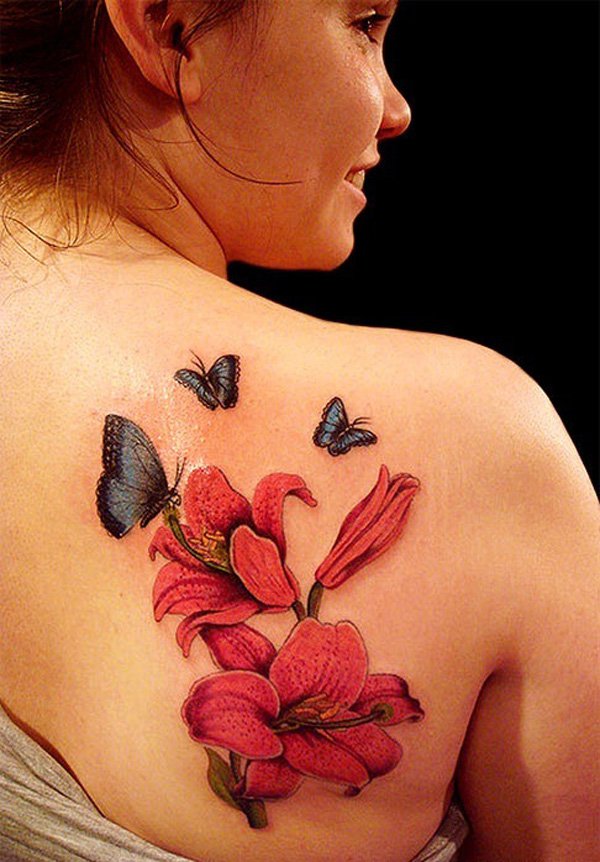 Cool Lily Flowers With Butterflies Tattoo On Women Right Back Shoulder