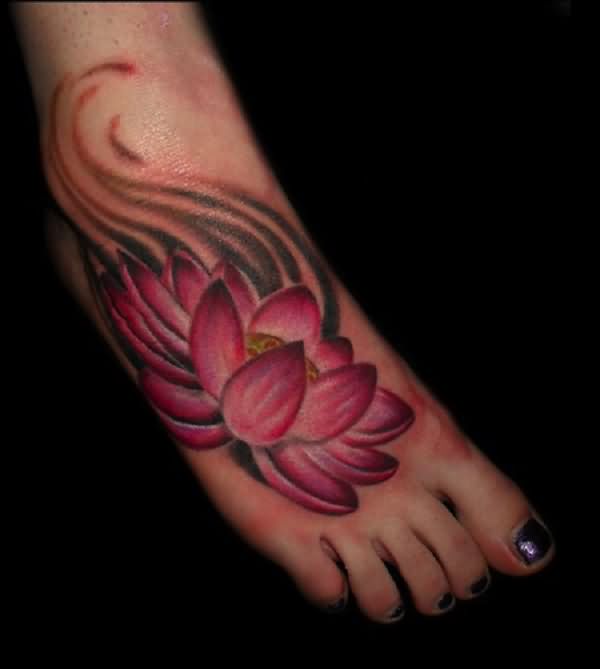 Cool Lotus Flower In Water Tattoo On Girl Right Foot