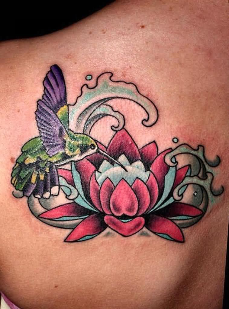 Cool Lotus Flower In Water With Flying Bird Tattoo On Left Back Shoulder