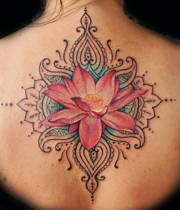 Cool Lotus Tattoo On Female Upper Back