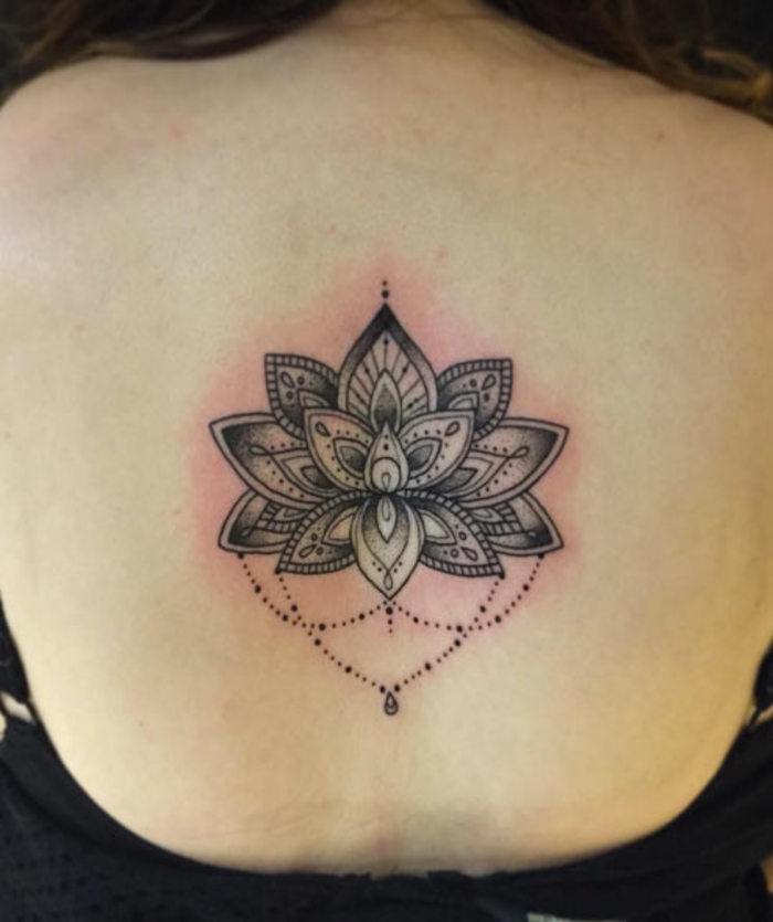 Cool Mandala Lotus Tattoo On Girl Upper Back