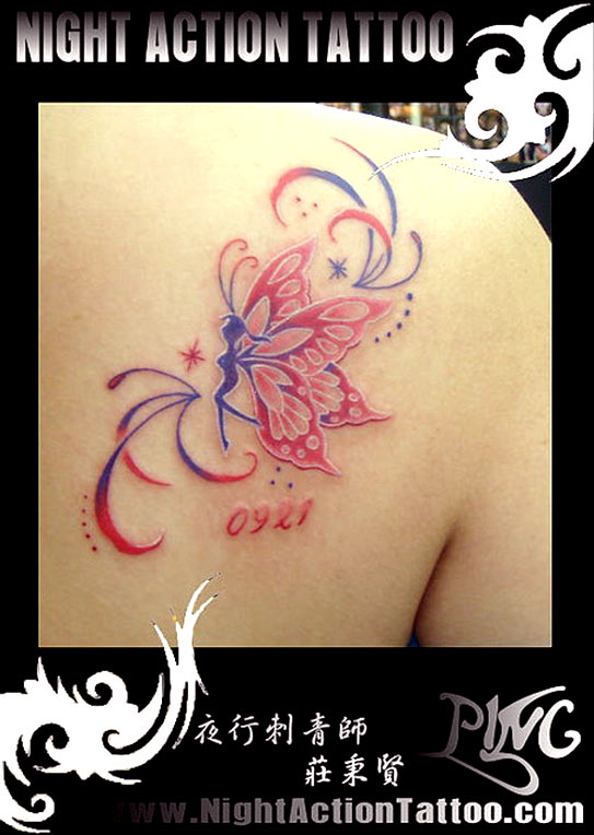 Cool Pink And Purple Fairy Tattoo On Right Back Shoulder