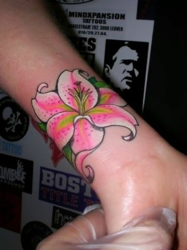 Cool Pink Ink Lily Flower Tattoo Design For Wrist