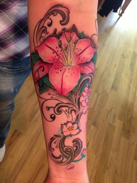 Cool Pink Ink Lily Flowers Tattoo Design For Forearm