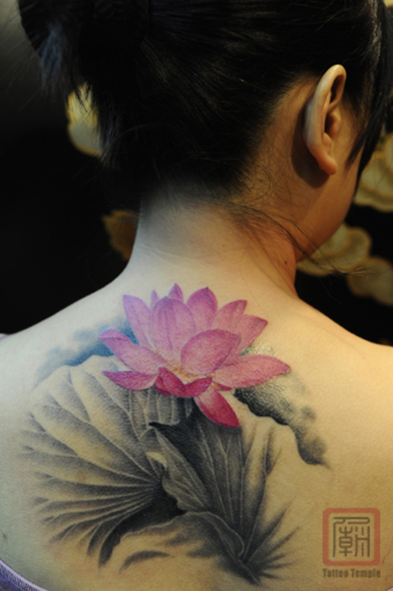 Cool Pink Ink Lotus Flower Tattoo On Girl Back Neck By Joey Pang