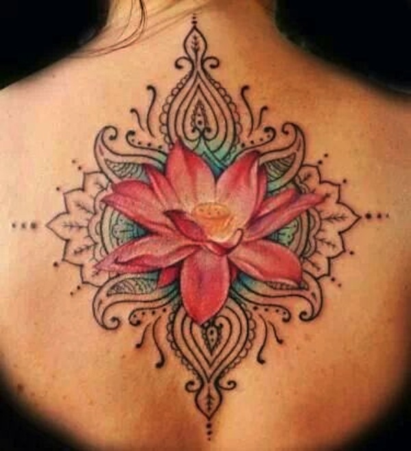 Cool Pink Ink Lotus Flower Tattoo On Girl Upper Back