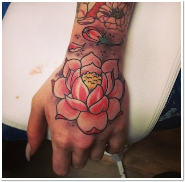 Cool Pink Ink Lotus Tattoo On Left Hand