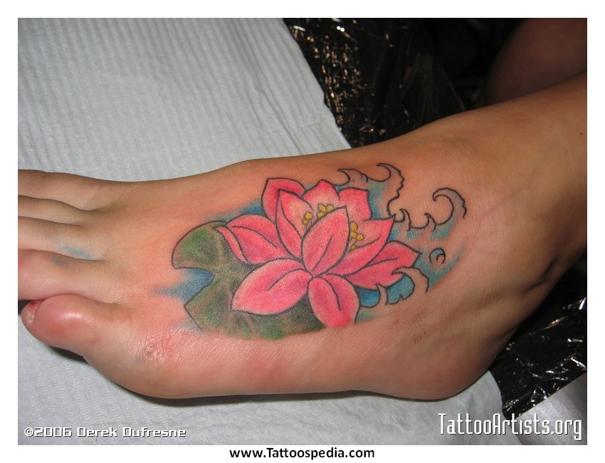 Cool Pink Lotus Flower Tattoo On Left Foot
