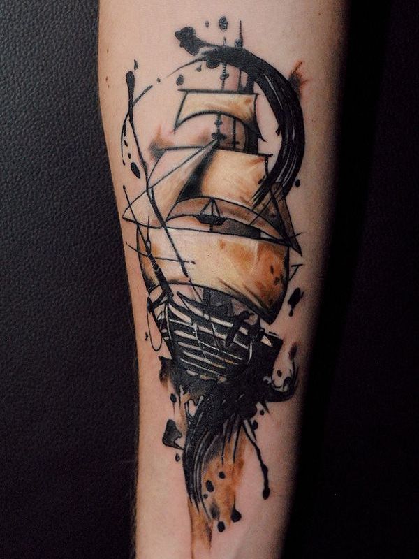 Cool Pirate Ship Tattoo Design For Forearm
