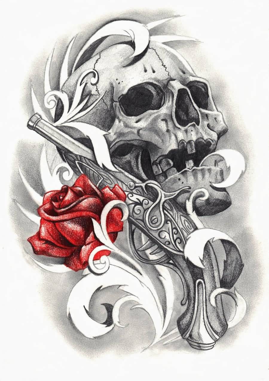 Cool Pirate Skull With Gun And Rose Tattoo Design