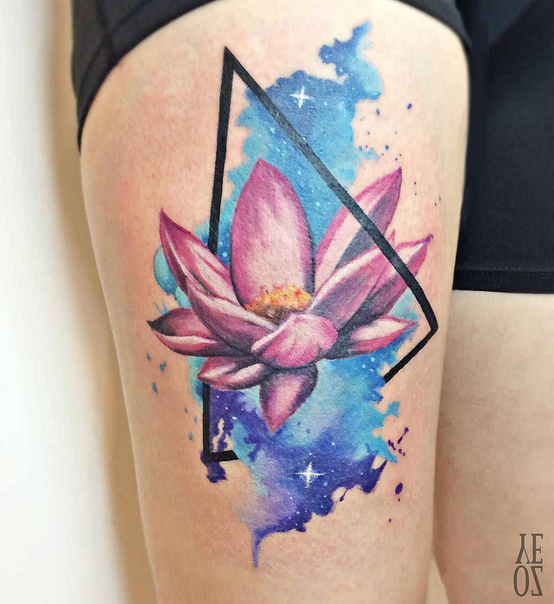 Cool Purple Lotus Flower Tattoo On Right Thigh