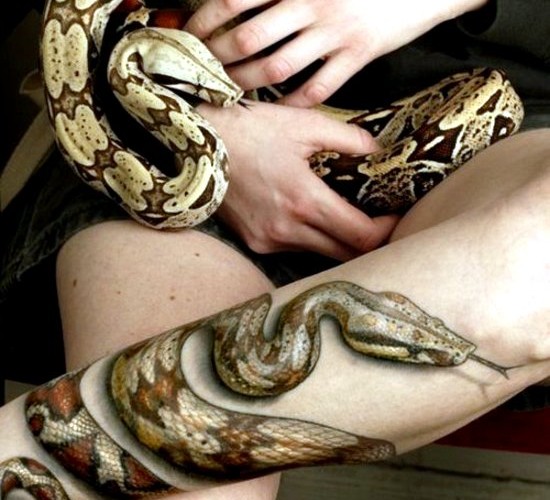 Cool Realistic 3D Snake Tattoo On Left Leg