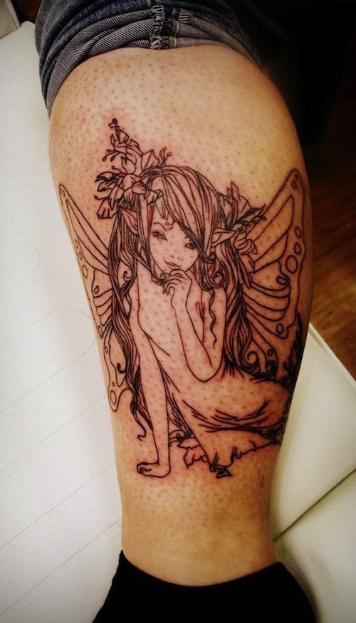 Cool Realistic Fairy Tattoo Design For Leg