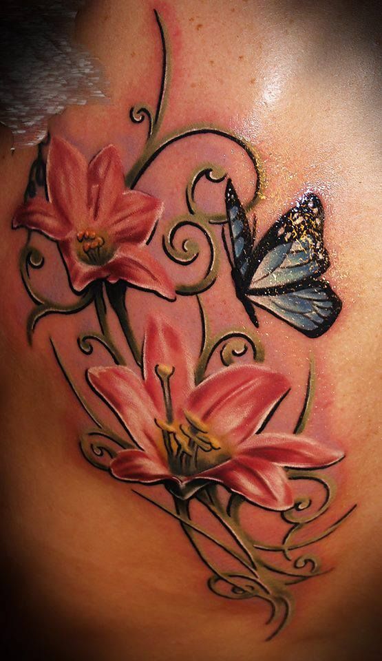 Cool Realistic Lily Flowers With Butterfly Tattoo Design