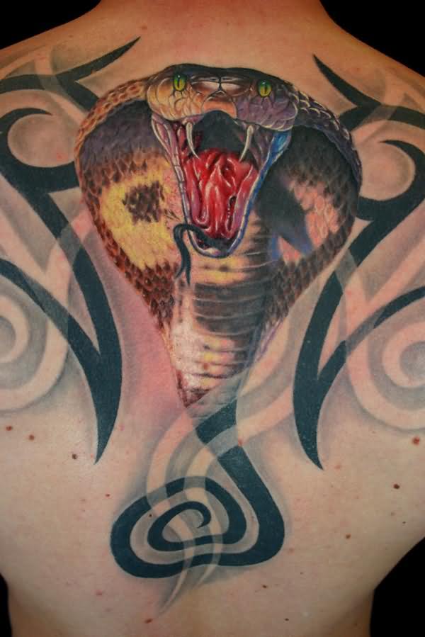 Cool Realistic Snake Head Tattoo On Man Upper Back
