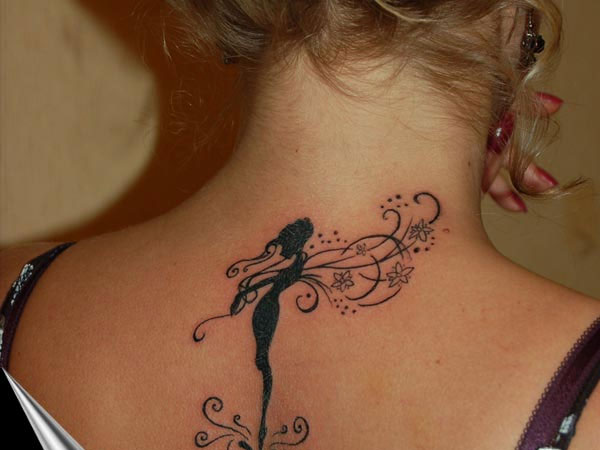 Cool Silhouette Fairy Tattoo On Girl Back Neck