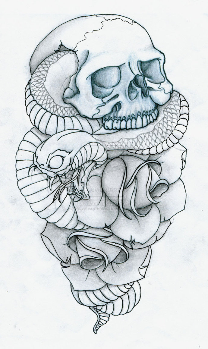 Cool Skull With Snake And Roses Tattoo Design