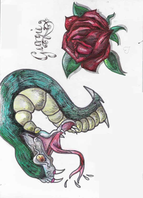 Cool Snake With Rose Tattoo Design By Juji Sama