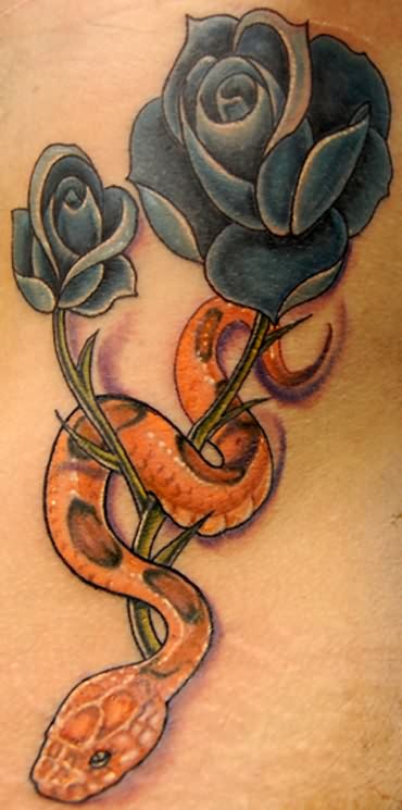 Cool Snake With Roses Tattoo Design