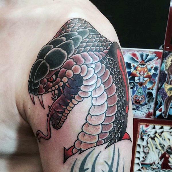 Cool Traditional Cobra Snake Tattoo On Left Shoulder