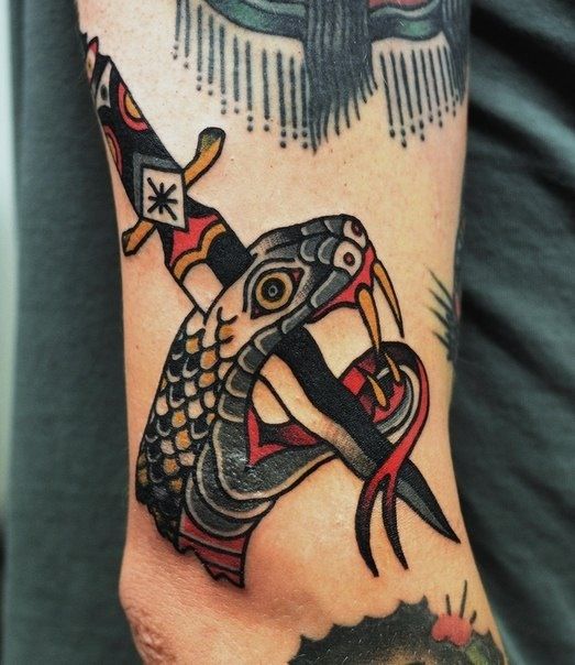 Cool Traditional Dagger In Snake Head Tattoo On Right Half Sleeve