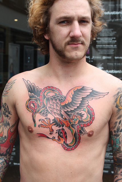 Cool Traditional Eagle With Snake Tattoo On Man Chest