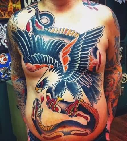 Cool Traditional Eagle With Snake Tattoo On Man Full Body