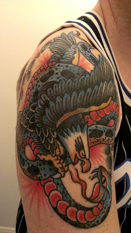 Cool Traditional Eagle With Snake Tattoo On Right Shoulder