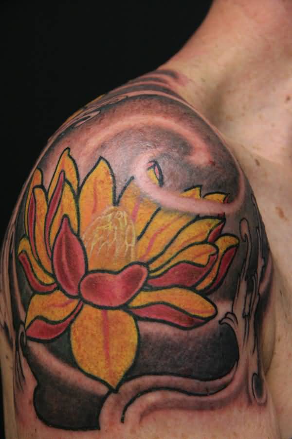 Cool Traditional Lotus Flower Tattoo On Man Right Shoulder
