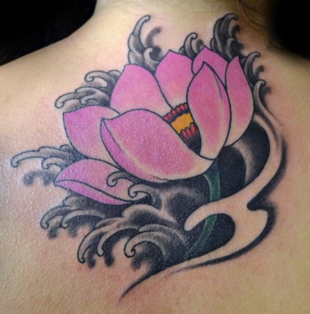 Cool Traditional Lotus Tattoo On Upper Back