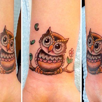 Cool Traditional Owl On Branch Tattoo On Wrist By Joe Paul