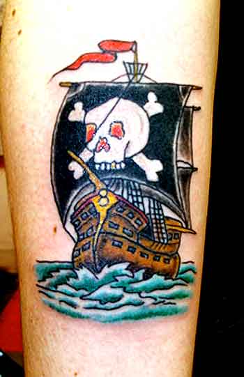 Cool Traditional Pirate Ship Tattoo Design For Forearm