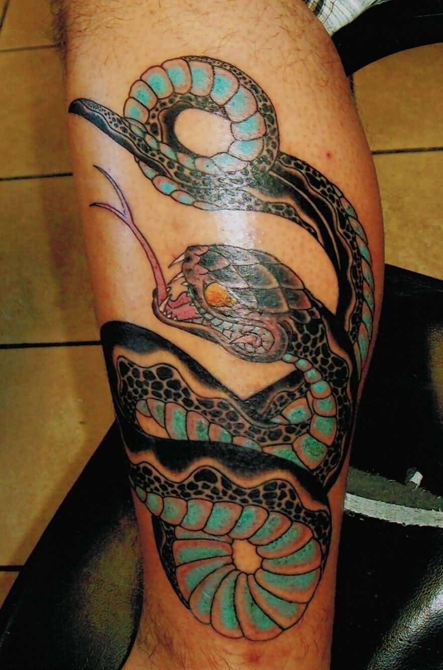 Cool Traditional Snake Tattoo On Left Leg Calf